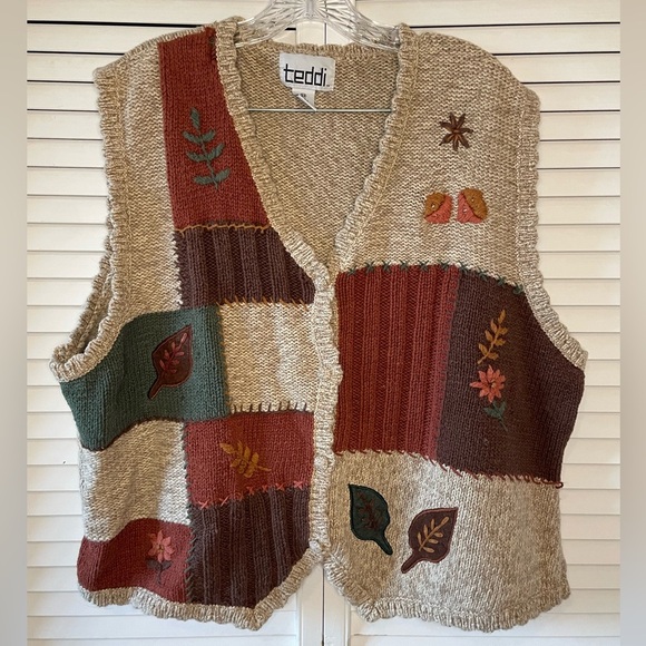 Vintage Teddi Woven Vest Button Down Fall Embroidered Patchwork Brown Green 2X - Picture 4 of 16